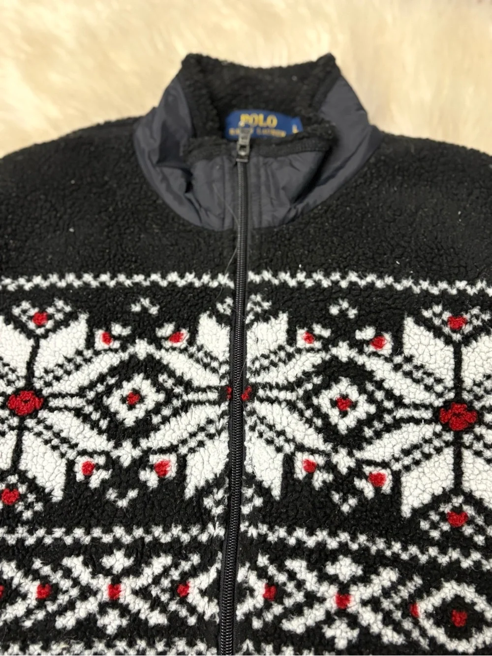 Vintage Polo by Ralph Lauren Black Fair Isle Zip-Up Sweater Jacket sz Large